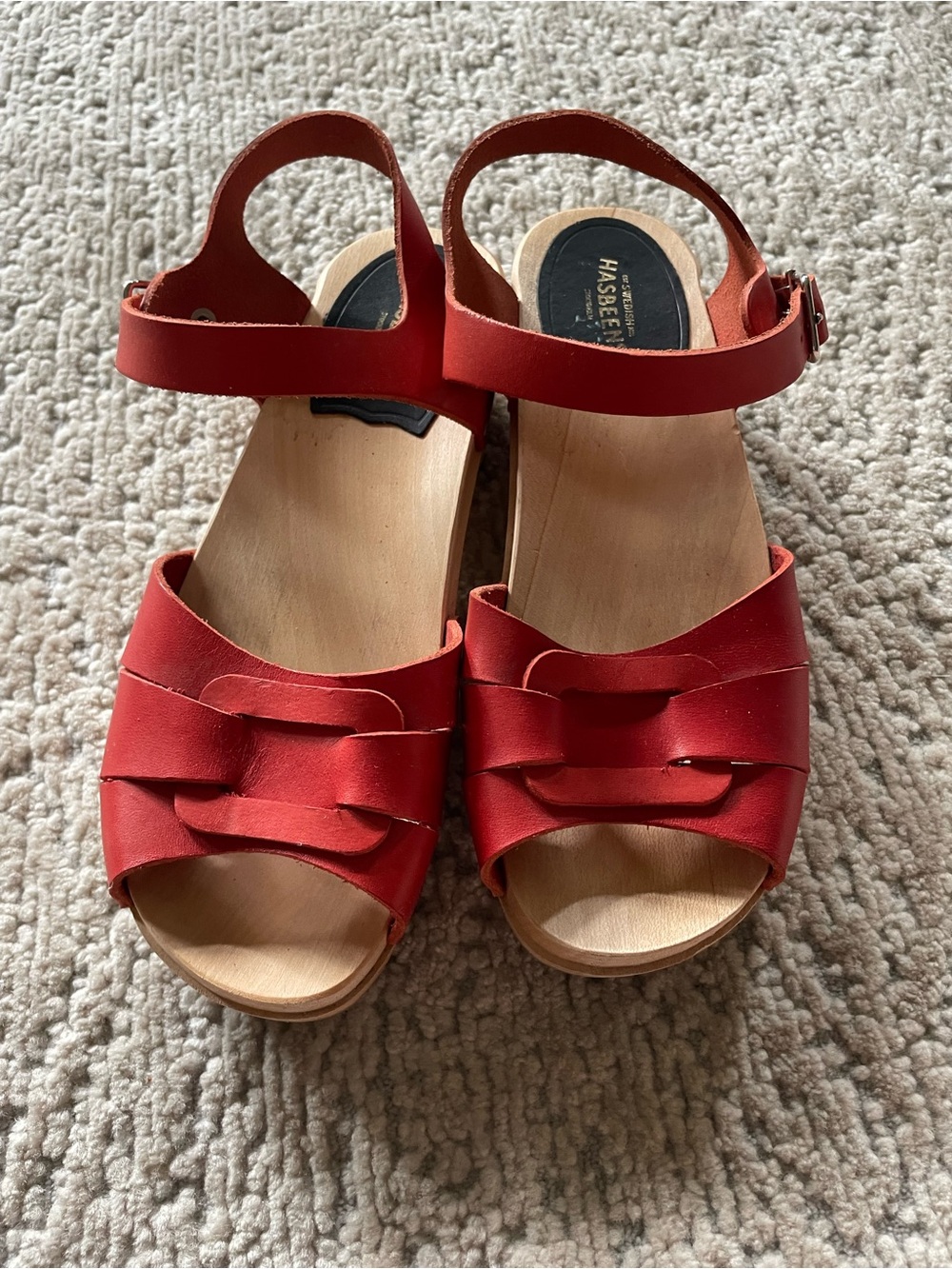 Swedish Hasbeens Red/Orange Leather Woven Front Sandals, Size 37